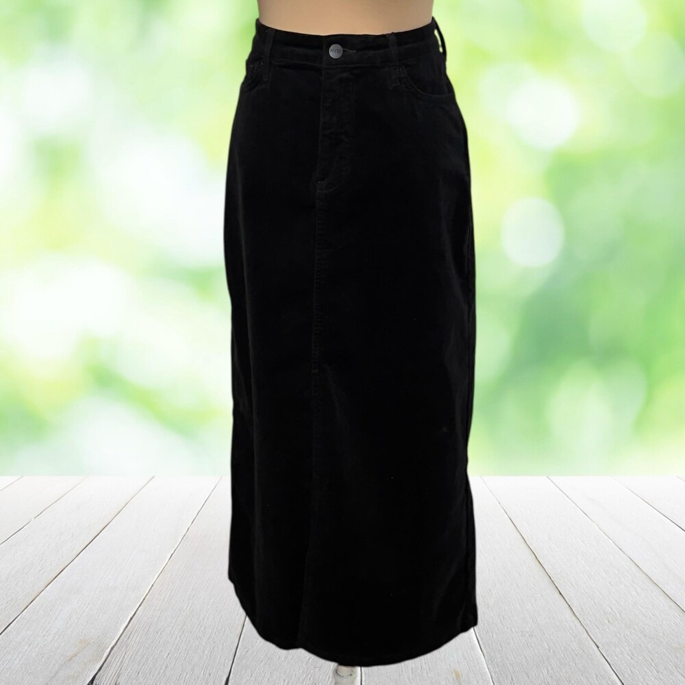 NYDJ Corduroy Maxi Skirt Black High Rise Lift Tuck 5 Pocket Stretch Size 10